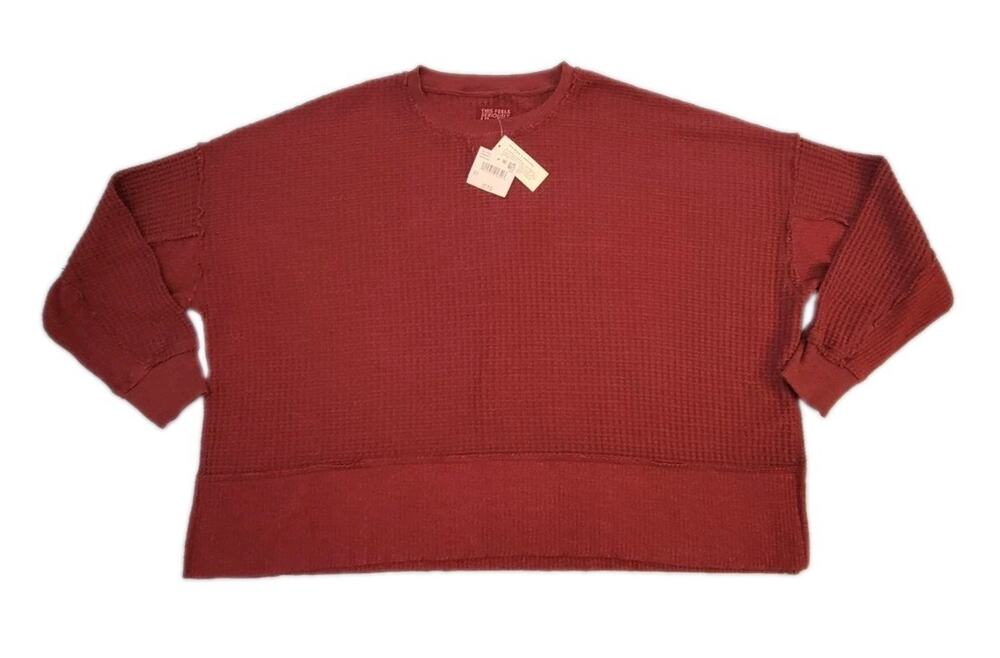 American Eagle NWT Waffle Knit Pullover Small Wine Red Crew Neck Side Slit Top